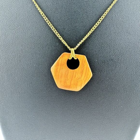 Vintage Hexagonal Wood Pendant Necklace Retro Geometric Minimalist - Picture 6 of 9